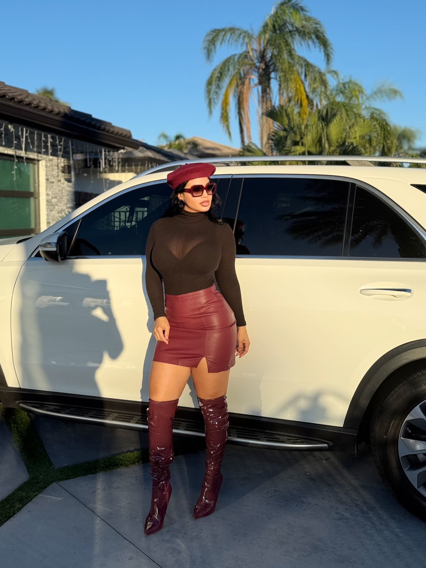 Red leather skirt